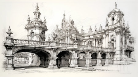 a sketch of an old building with intricate arches, showcasing the influence of baroque-inspired sculptures. the hyper-realistic water adds depth to the fine lines and intricate details. this 32k uhd artwork draws inspiration from die brucke, rubens, and the venetian school. ai generatedの素材