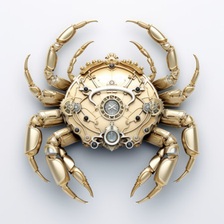 a steampunk crab mechanical with gears is showcased in this 3d illustration. set against a white background, the artwork captures the essence of hyperrealistic marine life and techno shamanism. the color palette features light gold and white, enhancing the technological symmetry of the piece. with its close-up intensity, the illustration showcases innovating techniques and a futuristic realism. ai generatedの素材