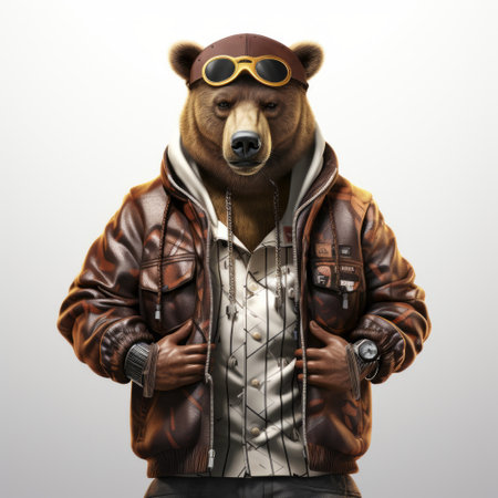 a bear in a fashionable attire poses for a high-definition wallpaper. this art piece showcases a unique blend of daz3d style, futuristic realism, and punctuated caricature. the photo, captured with nikon d750, exhibits hyperrealistic still lifes with a touch of leica r3 and fujifilm x-t4 aesthetics. download this free hd image from the stock of hd wallpapers. ai generatedの素材