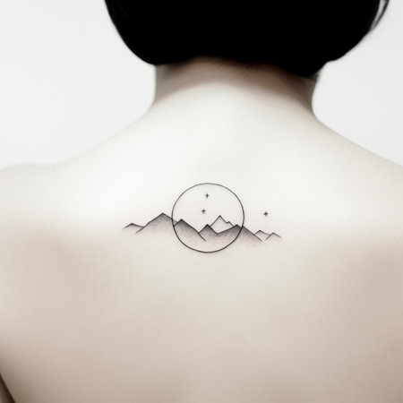 a woman's right back showcases a single mountain tattoo, inspired by the artistic styles of eiko ojala, hiroshi katsuragawa, and conceptual embroideries. the design incorporates circular shapes and playful use of line, reminiscent of makoto shinkai's work. this unique tattoo captures the essence of the stars art group xing xing. ai generatedの素材