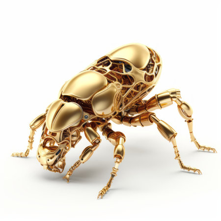 golden beetle on a white background, showcased on an isolated plate. this photograph captures the essence of futurist mechanical precision with inventive character designs, reminiscent of jean-baptiste carpeaux's intricate sculptures. the image, created by john wilhelm, portrays an eco-kinetic and explosive wildlife aesthetic. ai generatedの素材