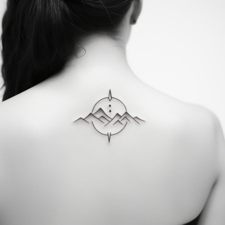 a small tattoo of mountains and a compass on the back of the back, featuring cut-out silhouettes in the style of daz3d. the detailed monochrome design, inspired by l birge harrison and francois schuiten, showcases high-quality sculpted artistry. ai generatedの素材