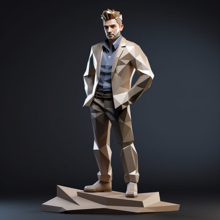 a low polygonal abstract design artist portrait, rendered in 3d, showcases a full body representation in the style of frank xavier leyendecker and aleksi briclot. the portrait features a combination of light brown and navy colors, with hard surface modeling techniques. the overall composition exudes an elegantly formal aesthetic, reminiscent of a paper-like texture. ai generatedの素材