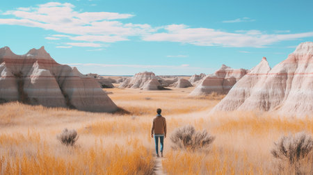a person stands on a path in an empty land, surrounded by dry grass. the scene is reminiscent of retro sci-fi with organic formations. the photo captures the essence of idealized native americans, featuring saturated pigment pools against spectacular backdrops. the color palette consists of light brown and blue, creating a visually captivating image. ai generatedの素材