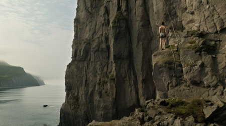 a young woman stands in high grass next to rocks, creating a stunning matte painting-style photograph. this high-quality national geographic photo captures the beauty of dutch seascapes, showcasing suspended hanging elements and an adventurous atmosphere. the image showcases breathtaking mountainous vistas, making it a captivating piece of adventurecore photography. ai generatedの素材