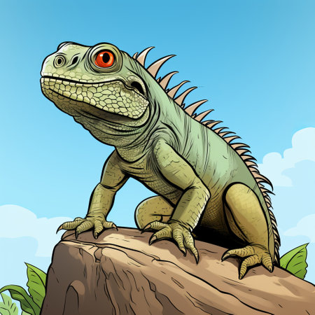 a green iguana perched on a rock, surrounded by a picturesque landscape. this cartoon-style composition showcases realistic detailing and linear illustrations, with bold graphic elements. the illustration captures the essence of traditional mexican style, featuring high-contrast shading for added visual impact. ai generatedの素材