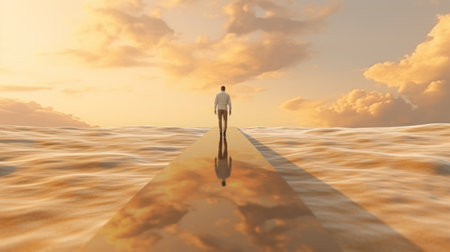 a person stepping on a path of entrepreneurship, stretching into the horizon, captured in hyperrealistic detail. this 8k image portrays the journey of a determined individual venturing into the world of business, with endless possibilities awaiting. ai generatedの素材