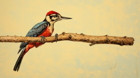 a red and blue bird perches on a tree branch in this realistic portrait captured in a vintage comic style. the 32k uhd resolution highlights the precisionist art and minimalistic details of the bird's plumage. this wildlife muralism photograph can be found on flickr. ai generatedの素材
