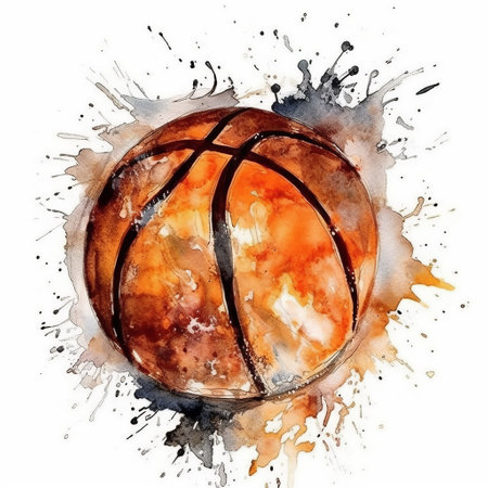 a watercolor painting of a basketball shot, showcasing the dynamic movement and intensity of the sport. the vibrant colors blend seamlessly, capturing the energy and excitement of the moment. the plain white background enhances the focus on the subject, making it the center of attention. ai generatedの素材