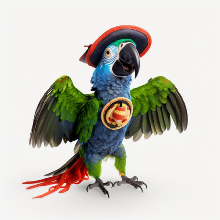 a pirate parrot 3d python illustration, featuring royalty-free png files and graphics. this artwork is created in the style of carl kleiner and patricia piccinini, rendered in cinema4d with xbox 360 graphics. the color palette includes navy and azure, with an afro-caribbean influence reminiscent of irving penn's work. ai generatedの素材
