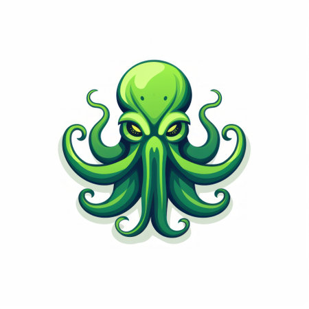octopus head cartoon illustration on a white background, featuring a light green and dark emerald color scheme. created by noah bradley, this logo design showcases bold color usage and a technological aesthetic. with a touch of lowbrow art, this uhd image is visually striking and captivating. ai generatedの素材