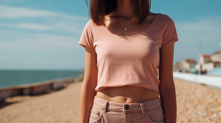 a close-up stock photo of brighton beach in na omaha featuring a person wearing a pink t-shirt. the photo captures graceful poses and is characterized by muted earth tones. it exudes a calm and meditative atmosphere, reminiscent of tropical symbolism. shot with a sony alpha a7 iii, the image showcases the artistic style of angelina wrona and felicia simion. ai generatedの素材