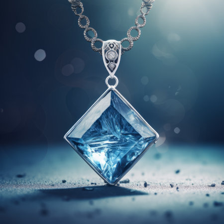 a stunning blue crystal, resembling a tesseract, is showcased in this high-definition image by caras ionut. the crystal is adorned with black circles, creating a captivating contrast. suspended in the air, it emanates a luminous glow, casting enchanting shadows. the silver and aquamarine hues add to its mesmerizing beauty. ai generatedの素材
