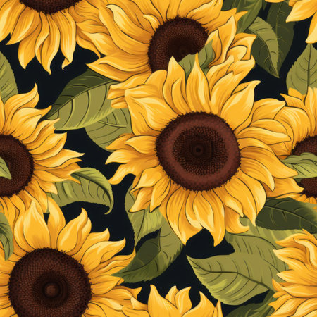 a seamless pattern featuring vibrant yellow sunflowers on a black background, inspired by the style of casey weldon. the contoured shading and digitally enhanced details bring the pattern to life, reminiscent of lowell herrero's artwork. the sunflowers are beautifully complemented by leaf patterns, creating a lively and vibrant design, reminiscent of the works of erin hanson. ai generatedの素材