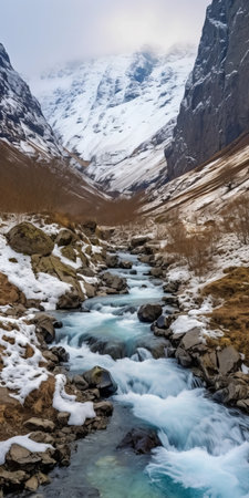 a mesmerizing waterfall in iceland, captured along the trollfjord road to the khartaphu park. the photo showcases the stunning snowy landscape of kangchenjunga mountain, adorned with a layer of pristine snow. shot in the style of animated gifs, this image was taken using the tamron 55-200mm f/4-5.6 di ii ld macro lens and the 24mm f/2.8 di iii osd m1:2 lens. the minimalist typography addsの素材