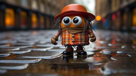 a piece of cartoon art featuring a rainy street scene captured with the lensbaby velvet 56mm f16. the artwork showcases a dark orange and silver color palette, with cartoonish character designs and adorable toy sculptures. the grid-based composition highlights the detailed attention given to costume and fashion, while adding a touch of frayed charm. ai generatedの素材