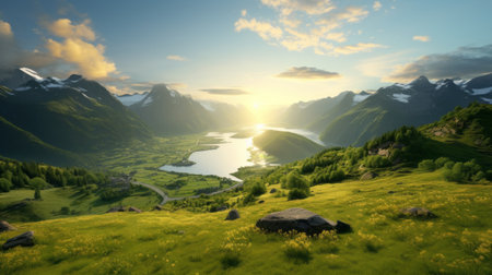 a photo showcasing the majestic norwegian mountains with a lens flare, capturing the essence of nature. delicately rendered landscapes in light green and gold hues create a charming and idyllic rural scene, exuding pastoral charm. ai generatedの素材