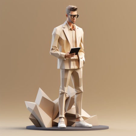 a paper person wearing glasses and a tuxedo, rendered in vray tracing, showcases a unique blend of beige and amber tones. the graphic rock-inspired compositions and realistic color palette create a visually striking image. created using daz3d, this artwork captures the essence of monumental sculptures with its isometric perspective. ai generatedの素材
