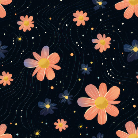 colorful flowers bloom against a midnight sky, showcasing a delightful blend of light orange and dark navy hues. with their cute and cartoonish designs, these flowers feature smooth and curved lines, patterned surfaces, and flat shading. the flowing fabrics and calming effect add to the overall charm of this captivating image. ai generatedの素材
