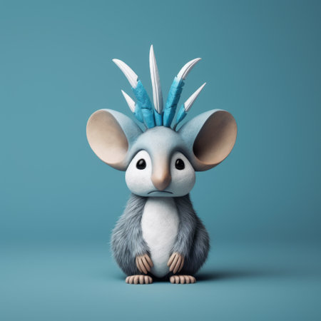 a close-up photo of a mouse figurine adorned with blue feathers and eyes painted on its head. this unique piece is created in the style of renowned artists such as evgeni gordiets, clemens ascher, didier lourenco, concrete, inventive character designs, and spiky mounds. the intricate details and creativity of this sculpture make it a captivating work of art. ai generatedの素材