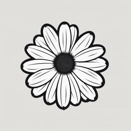 a black and white drawing of a daisy, outlined in bold, perfect for a coloring book page for kids. the style is simple and classic, with a 2d cartoon look. this daisy coloring page is great for children to explore their creativity and have fun while learning about flowers. ai generatedの素材