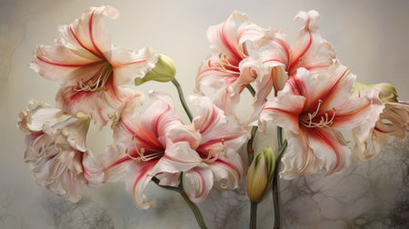 painted lilies in a white glass vase, hyperrealistic murals, light red and light beige, 8k resolution, intricate and delicate flower and garden paintings. created using daz3d, the artwork showcases arabesque motifs and muted tonalities. ai generatedの素材