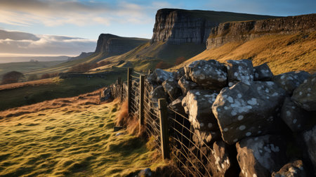 stone wall and stone fencing in the scottish highlands, reminiscent of max rive's style. bathed in golden light, the rough edges of the wall add character to the scene. this national geographic-worthy photo captures the essence of the landscape, with influences from george elgar hicks. the rounded stones and textural details create a visually captivating composition. ai generatedの素材