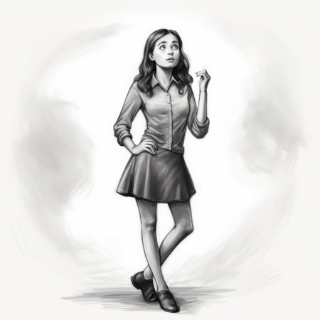 emily, a person depicted in black ink, stands in a thoughtful pose, wearing a curious expression. above them hovers a question mark, symbolizing their contemplation. the detailed drawing showcases emily's entire body, capturing their pensive mood and inquisitive nature. ai generatedの素材