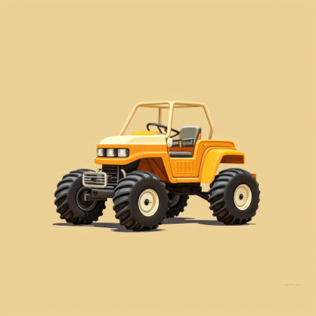 an orange offroad truck stands out against a tan background, reminiscent of iconic pop culture caricatures. the truck is depicted in a hyper-realistic style, with dark white and yellow accents. the composition evokes a sense of childhood arcadias and minimalistic forms, beautifully framed within the image. ai generatedの素材