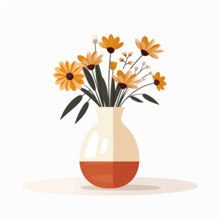 a vase of white flowers sits atop an orange vase, creating a charming and colorful display. the flat background enhances the minimalistic simplicity of the design, while the use of earth tones like yellow and maroon adds a touch of warmth. this cute and colorful arrangement embodies the cottagecore aesthetic, with clean and simple lines that exude a sense of tranquility. ai generatedの素材
