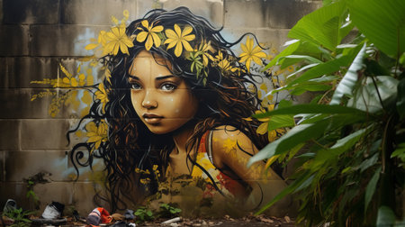graffiti by sydney street artist dsg showcases naturalistic portraits with frequent use of yellow, flower, and nature motifs. this urban fairy tale artwork, captured in 32k uhd, incorporates tropical symbolism and a dark bronze color palette. ai generatedの素材