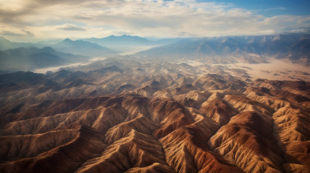 aerial view of a stunning badlands landscape, sculpted by the majestic mountain ranges and deep valleys, captured from a hot air balloon. ai generatedの素材