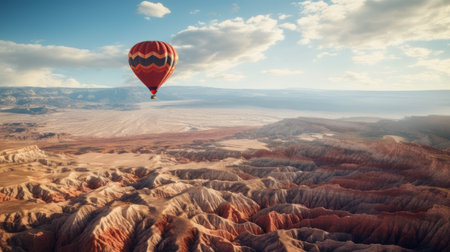aerial view of a breathtaking badlands landscape, sculpted by the majestic mountain peaks and deep valleys, captured from a hot air balloon. ai generatedの素材