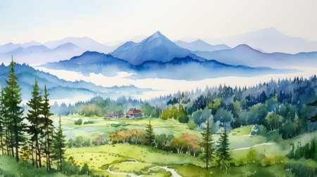 a stunning watercolor painting captures the beauty of rolling hills, showcasing vibrant illustrations and a wide-angle lens perspective. ai generatedの素材