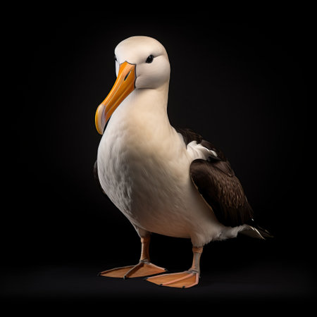 an island bird, showcasing bold character designs, is captured in a celebrity portrait style on a black background. this light brown and white bird, reminiscent of the serene maritime themes of the dusseldorf school of photography, exudes a dignified pose. with its unique aesthetic, this photograph merges elements of duckcore and artistic expression. ai generatedの素材