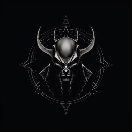 a big head with black and white designs in a circle and black frame, in the style of an occultist draftsman. the design is realistic yet stylized, featuring a liquid metal effect and intricate character details. the background has a hellish atmosphere, with devilcore elements and technological symmetry. ai generatedの素材