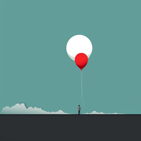 a single red balloon gracefully floats above two individuals in this captivating illustration. created in the style of dark white and light cyan, the artwork showcases minimalistic landscapes and draws inspiration from the works of mahiro maeda, ronald balfour, and ryan hewett. the sparse backgrounds add to the overall aesthetic appeal of the image. ai generatedの素材