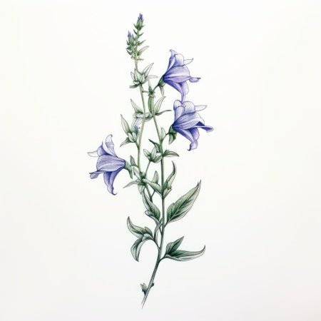 a mint drawing of campanula poscharskyana, featuring a white background. this tattoo-inspired artwork showcases a minimalist style, perfect for those seeking a clean and simple design. ai generatedの素材