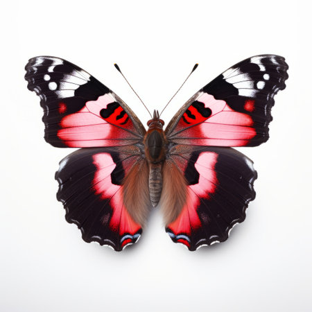 a vibrant butterfly showcasing red and black colors, captured in a minimal retouching style. this realistic animal portrait features multiple patterns and accurate bird specimens, creating a visually stunning photography installation. the combination of white and magenta adds to the vibrant colorism of the image. ai generatedの素材