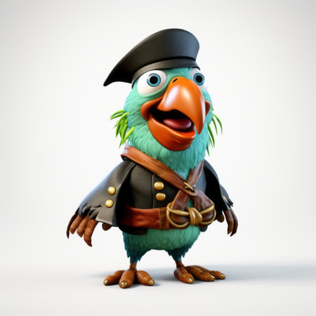 character illustration by animask featuring a pirate parrot. rendered in cinema4d, this artwork showcases sharp and clever humor. the color palette includes light aquamarine and bronze, adding vibrancy to the vivid birdlife depicted. the illustration also incorporates military and naval scenes, capturing a strong facial expression. this associated press photo is a captivating blend of creativity and storytelling. ai generatedの素材