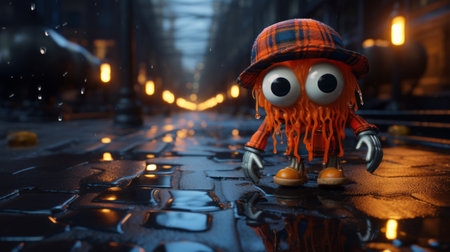 a cartoon-like creature braves the rain in a gritty urban landscape, rendered in the style of cinema4d. the snailcore-inspired character dons a detailed costume, reminiscent of glasgow style. the vibrant orange hue adds a pop of color to the scene, while focus stacking enhances the intricate details of the image. ai generatedの素材