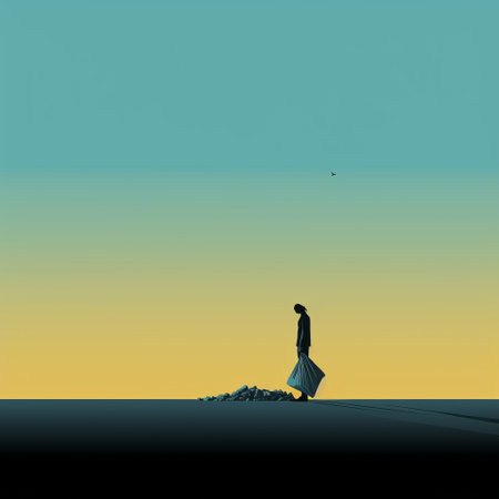 a guy walks down a highway on a sand dug path just after sunrise. the minimalist illustration captures the beauty of the scene with its rusty debris and simplistic vector art style. the dark aquamarine and yellow colors add a romantic touch to this 8k resolution artwork. ai generatedの素材