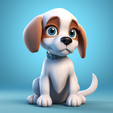 a 3d model dog with blue eyes sits on a blue background, showcasing a cartoonish innocence. the photorealistic accuracy of the model highlights its character studies, while the softbox lighting adds depth and dimension. the white and orange color scheme enhances the realistic portrayal of the dog, creating a calculated and captivating image. ai generatedの素材
