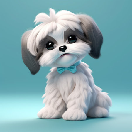 a short-haired grey and white dog wearing a bow tie is depicted in a 3d illustration. the style of the image is a combination of white and cyan, creating a realistic rendering with a touch of childlike innocence and charm. this artwork showcases traditional chinese influences and was created using zbrush software. the furry art and colorful caricature elements add vibrancy to the overall composition.の素材