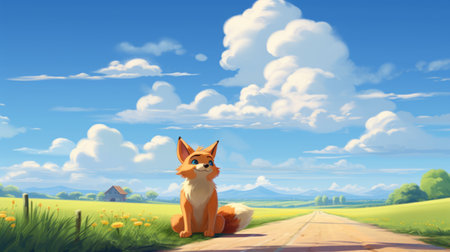 a vibrant photo capturing a fox surrounded by butterflies in a picturesque field. this colorful street scene showcases realistic blue skies and charming anime characters. with rtx on, the image features ethereal cloudscapes and a flattened perspective, creating a whimsical atmosphere. the cartoonish characters add an extra touch of charm to this enchanting scene. ai generatedの素材