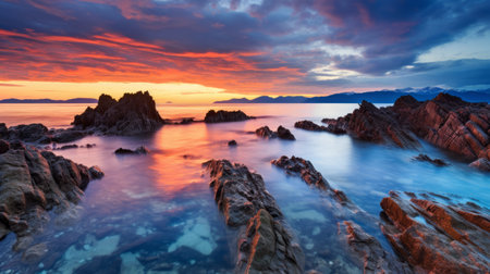 california coast at evening sunset during golden hour photography. this stock photo captures the beauty of the coastline, reminiscent of scottish landscapes. the vibrant colors of turquoise and red create a stunning contrast. the time-lapse photography technique adds a dynamic element to the image. the composition evokes the serene atmosphere of the heian period and the rugged terrain of northern china. a truly captivating photoの素材