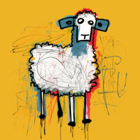 the sheep in a sweater by peter morris is a vibrant artwork featuring drippy paint splatters and simplified line work, reminiscent of the style of osgemeos. the light yellow and red hues add a playful touch to the piece, while the influence of john larriva and the childlike innocence it portrays are evident. this artwork showcases the artistic expression of the arbeitsrat fr kunst movement.の素材