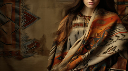 young woman posing in a colorful scarf, showcasing the dark beige and amber hues reminiscent of aztec art. the soft edges and blurred details add a touch of artistic flair to the image. the weathered materials and exquisite clothing detail create a captivating visual. this high-resolution photograph captures the essence of a national geographic-worthy scene. ai generatedの素材