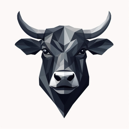 silhouetted bull in a black and white cartoon illustration, featuring a low poly, minimalist style. the geometric design and dark, foreboding colors create a strong and eye-catching composition. the bull's facial expression is powerful, capturing attention. this artwork is reminiscent of the style of jessie arms botke. ai generatedの素材