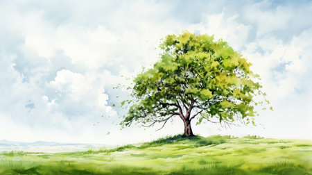 solitary tree on white background with green lawn. pastel colors create a serene atmosphere, highlighting the beauty of nature. the tree stands tall, its branches reaching towards the sky, while the vibrant green lawn surrounds it, adding a touch of freshness and tranquility to the scene. ai generatedの素材